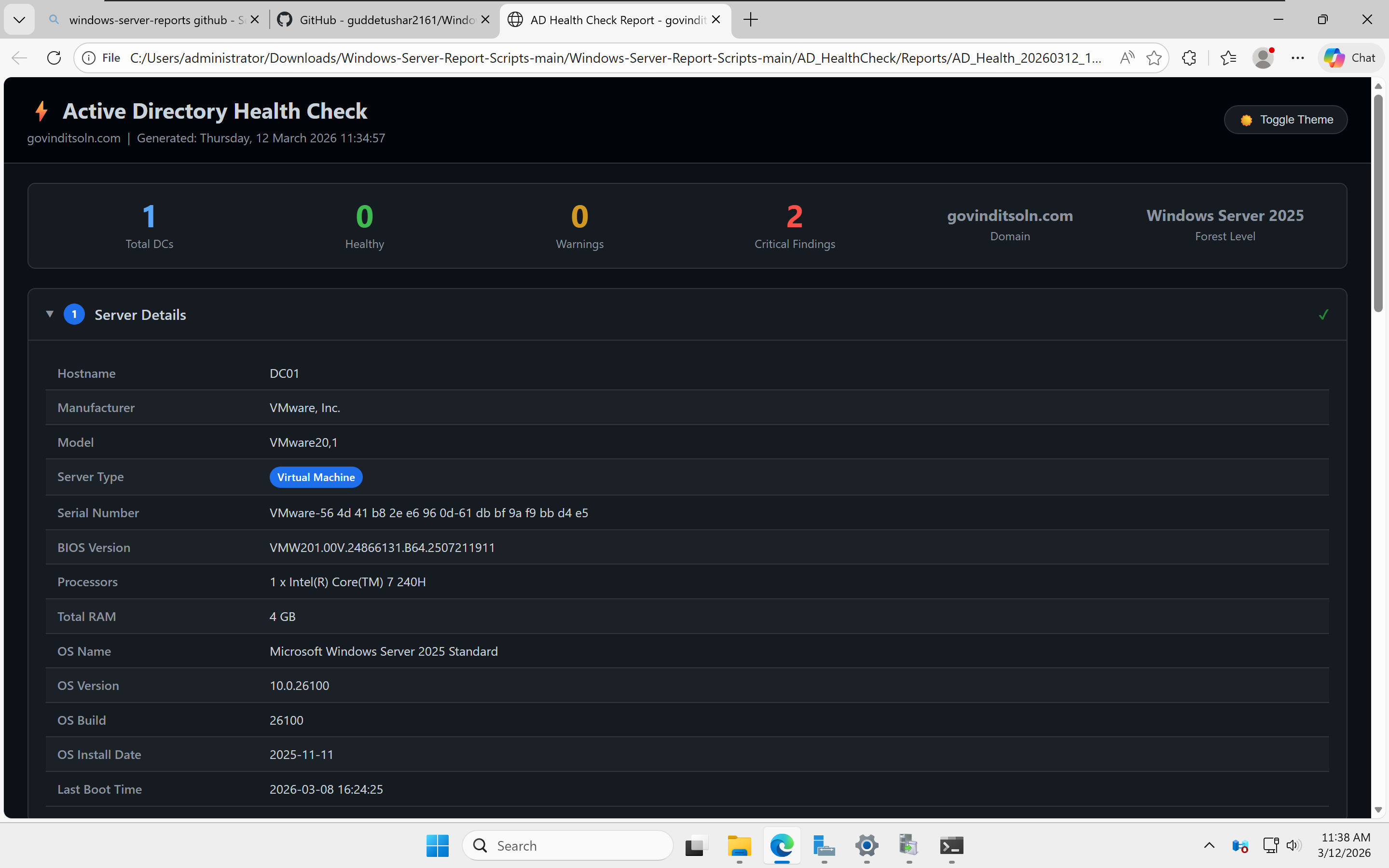 Active Directory health status report